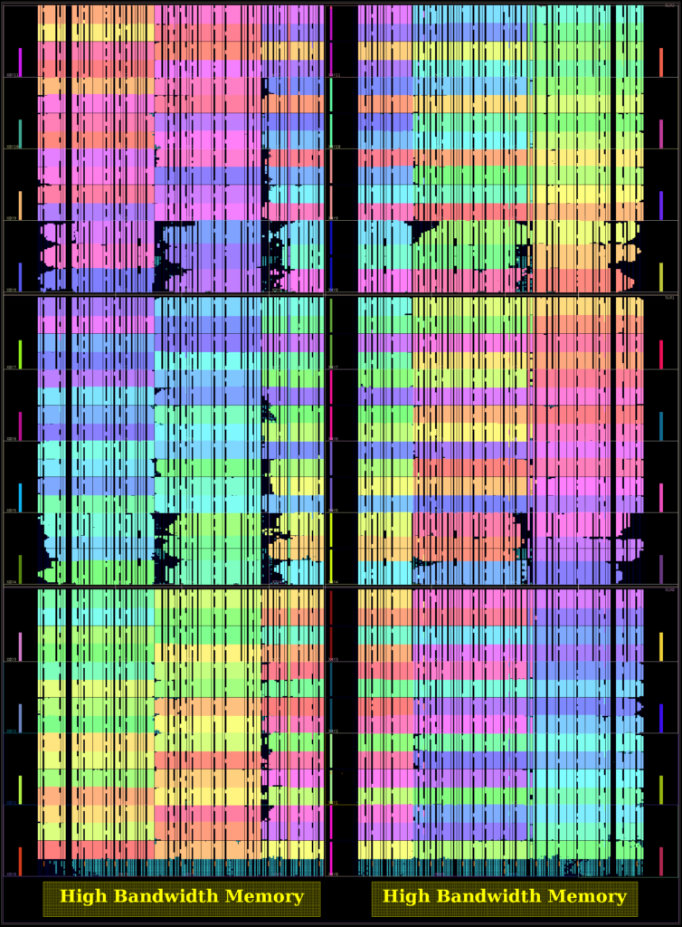 An FPGA device view (chip plot) of an 1800 RISC-V PE implementation of the GRVI Phalanx massively parallel accelerator framework.
15x15 clusters of { 8 PE, 128 KB SRAM, and a 300b Hoplite NoC router }. The die plot consists of 45 rows of 5 columns of variously colored regions, with two High Bandwidth Memory die stacks at the bottom.